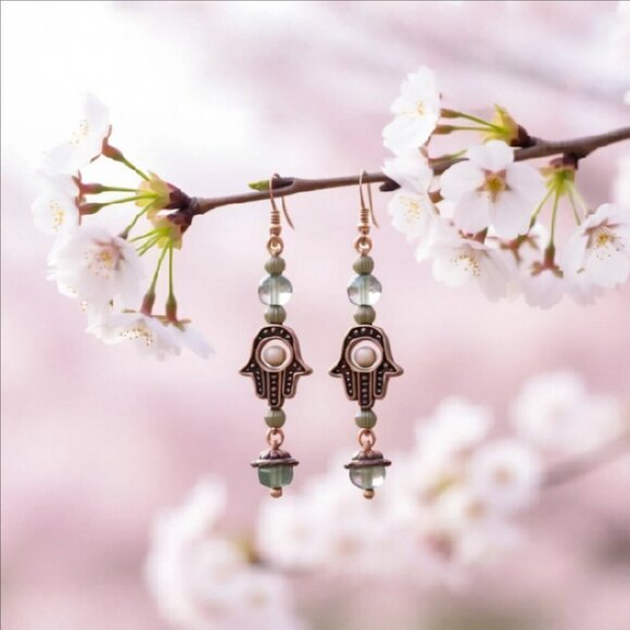 Earth Art hand crafted artisan Jewelry - Hamsa Hand | Unique & Handmade | Dangle Earrings | Blessings Love & Protection |